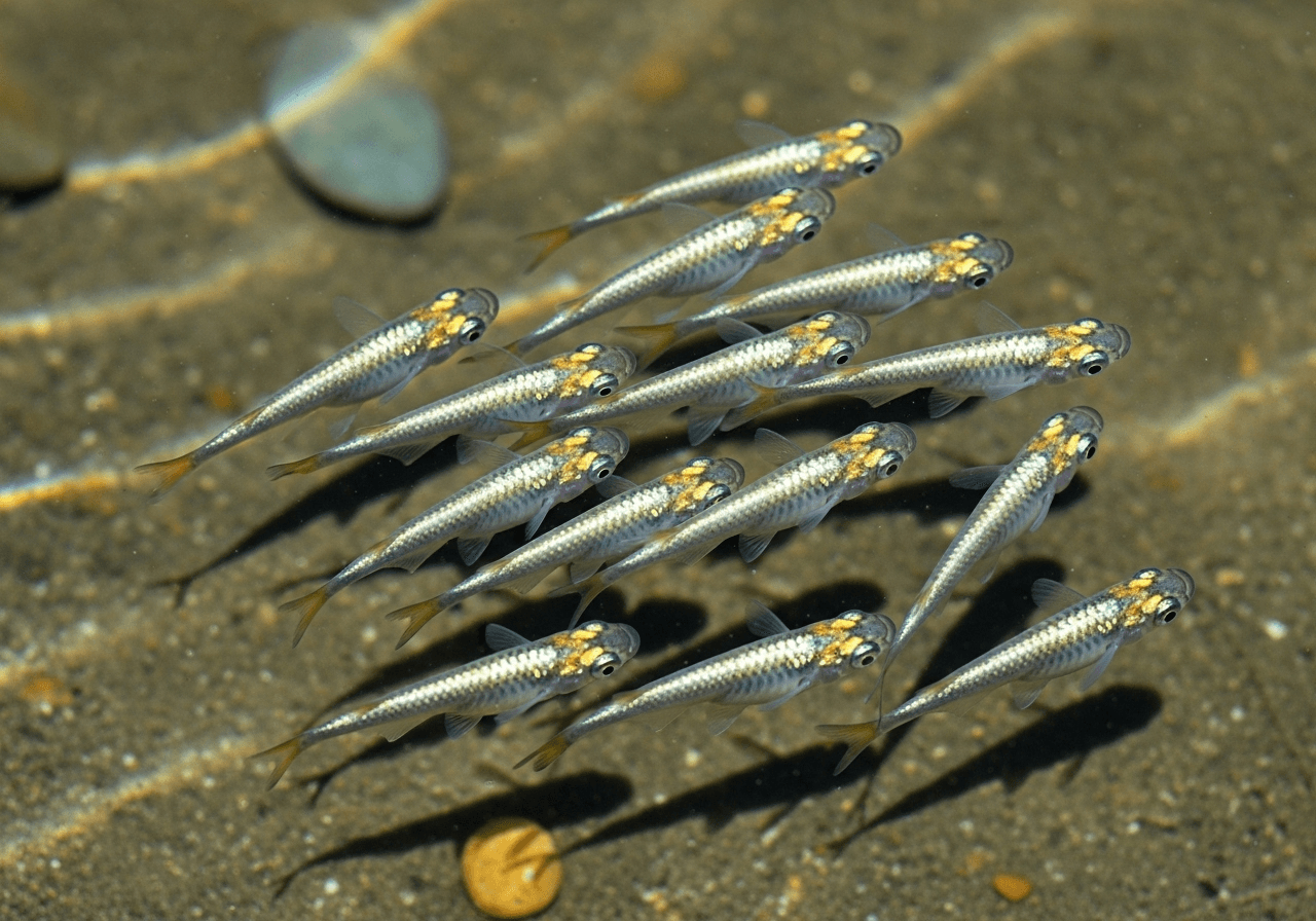 Medaka swimming near the surface in shallow water